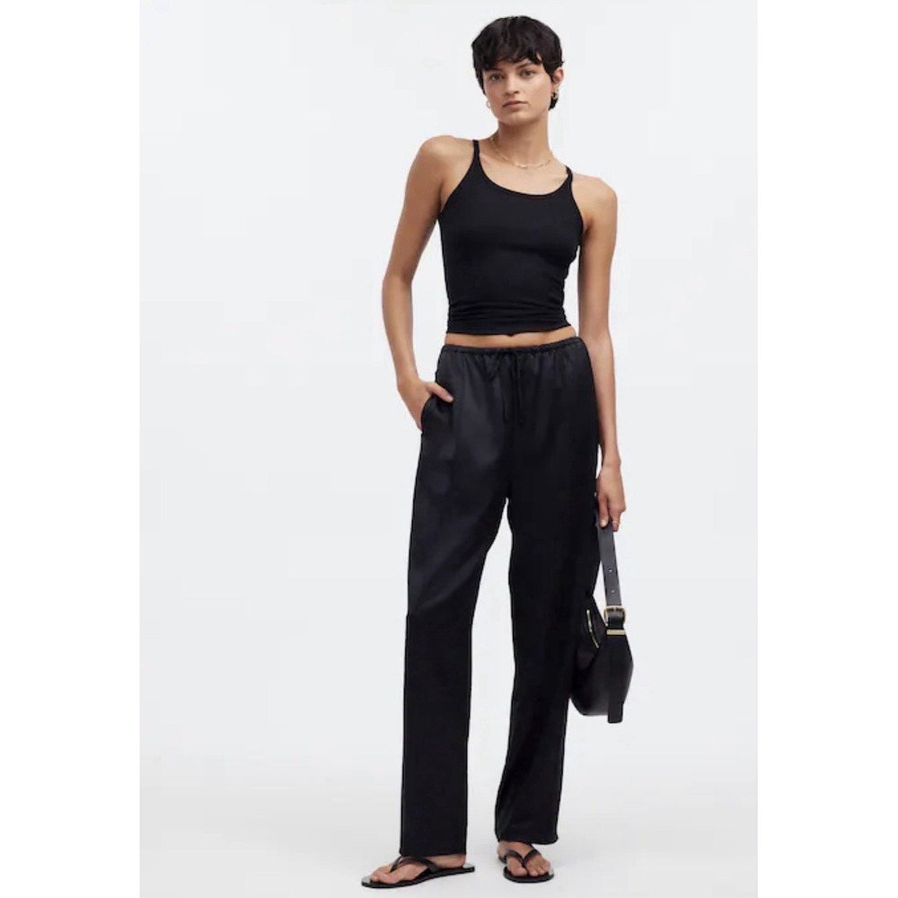Madewell Women's L Black Satin Pull On Pants Pintucked Straight Leg Drawstring